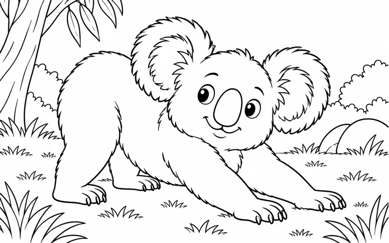 Tranh tô màu koala vươn vai trên bãi cỏ