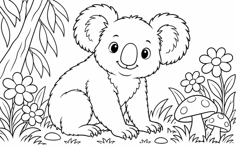 Tranh tô màu koala đứng cạnh nấm và những bông hoa