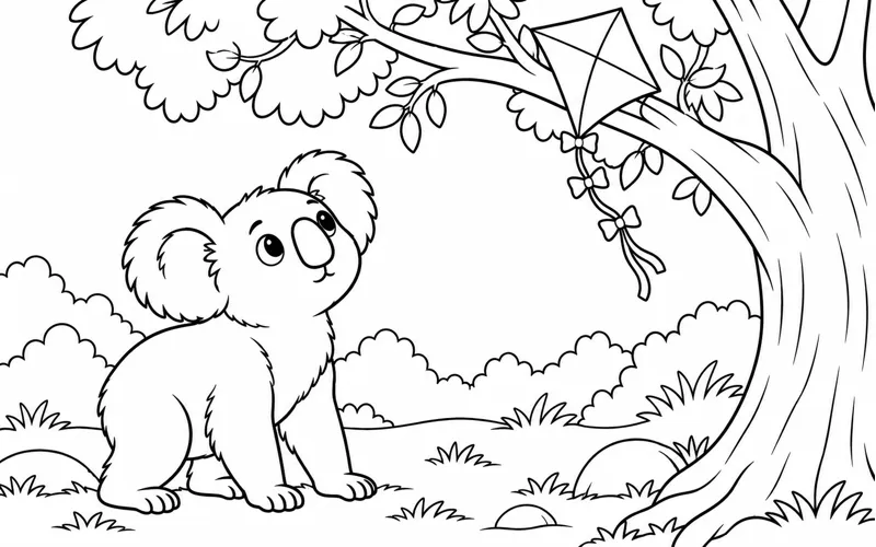 Tranh tô màu koala nhìn chiếc diều mắc trên cành cây