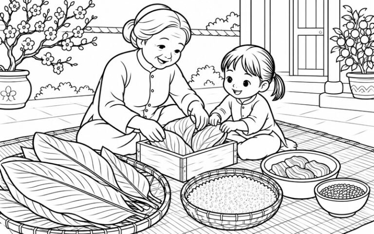 Tranh Tô Màu Gia Đình Gói Bánh Chưng: 36 Cảnh Sum Vầy
