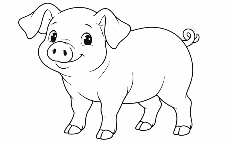 Tranh tô màu con lợn: chú lợn đứng nghiêng với chiếc đuôi xoăn