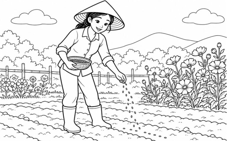 30 tranh tô màu người trồng hoa giữa khu vườn rực rỡ