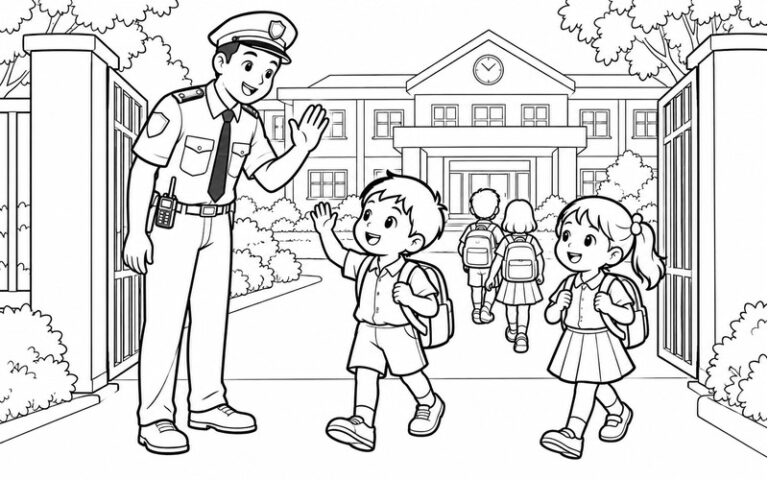 30 tranh tô màu nhân viên bảo vệ gần gũi ở trường và khu phố