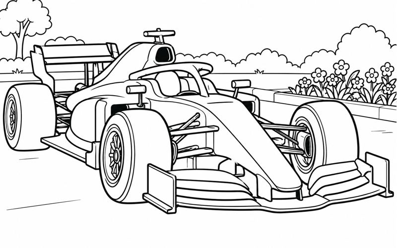 Tranh tô màu xe đua F1 bên khóm hoa