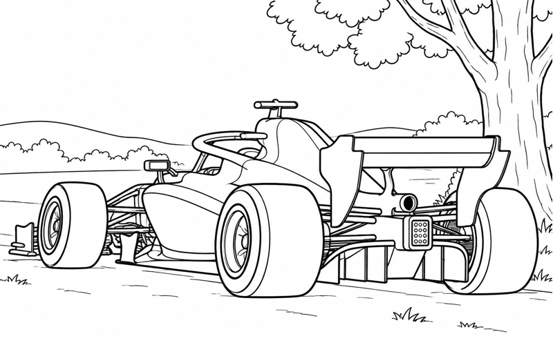 Tranh tô màu xe đua F1 nhìn từ phía sau bên cây