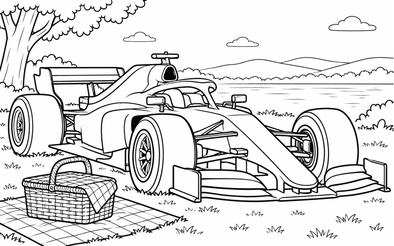 Tranh tô màu xe đua F1 bên giỏ dã ngoại