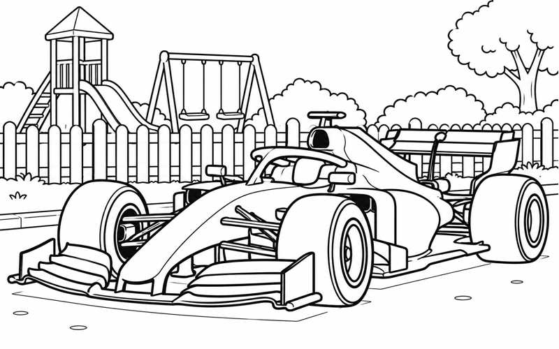 Tranh tô màu xe đua F1 cạnh hàng rào sân chơi