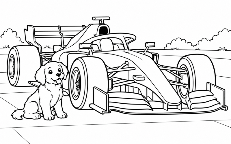 Tranh tô màu xe đua F1 đỗ bên chú chó nhỏ