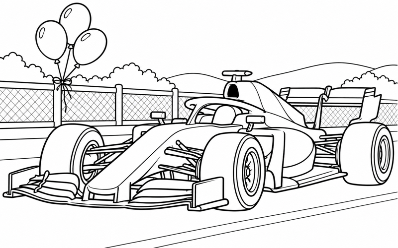 Tranh tô màu xe đua F1 bên hàng rào có bóng bay