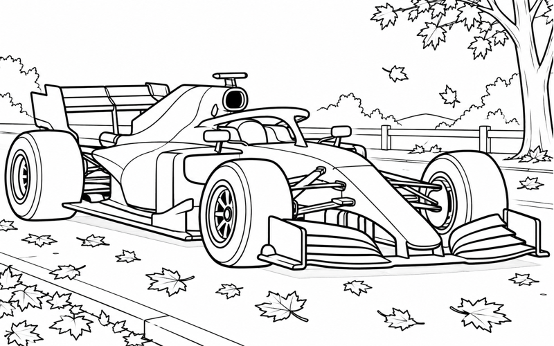 Tranh tô màu xe đua F1 giữa lá mùa thu