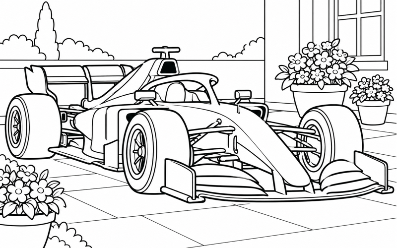 Tranh tô màu xe đua F1 cạnh chậu hoa