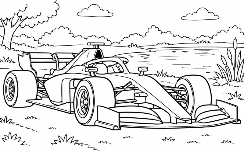 Tranh tô màu xe đua F1 bên ao nhỏ