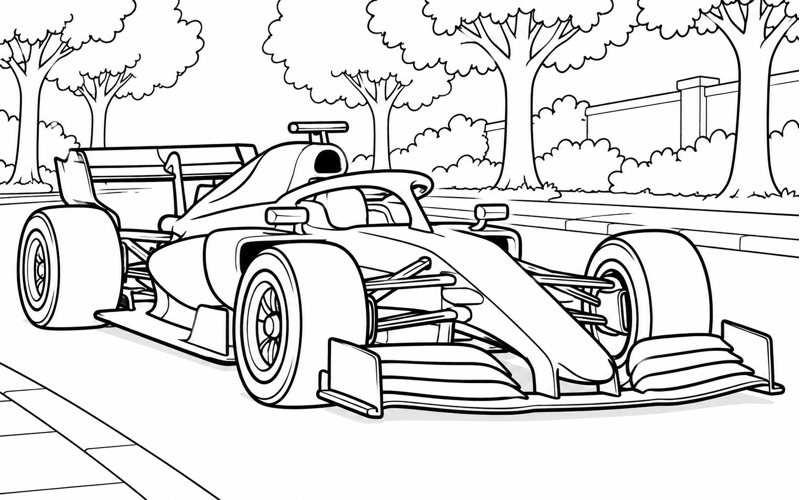 Tranh tô màu xe đua F1 trên phố có hàng cây