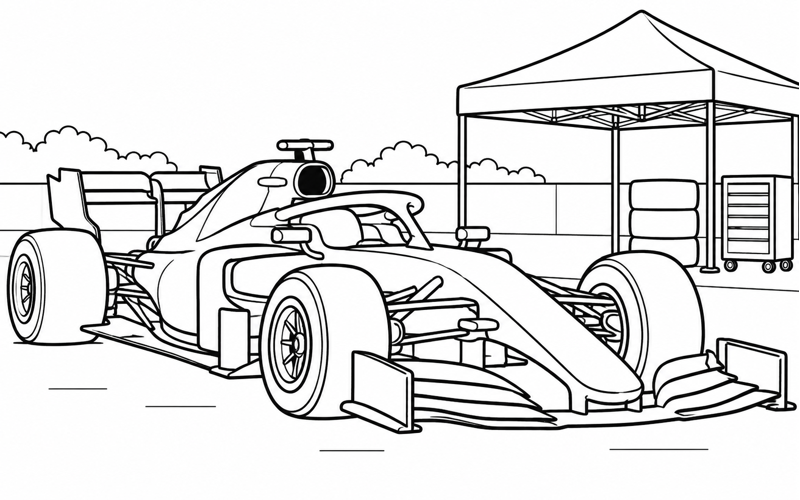 Tranh tô màu xe đua F1 bên mái che