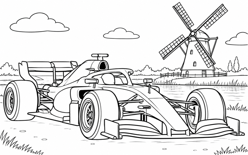 Tranh tô màu xe đua F1 bên cối xay gió