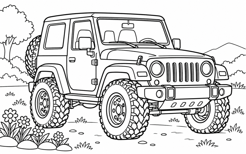 Tranh tô màu xe jeep bên khóm hoa
