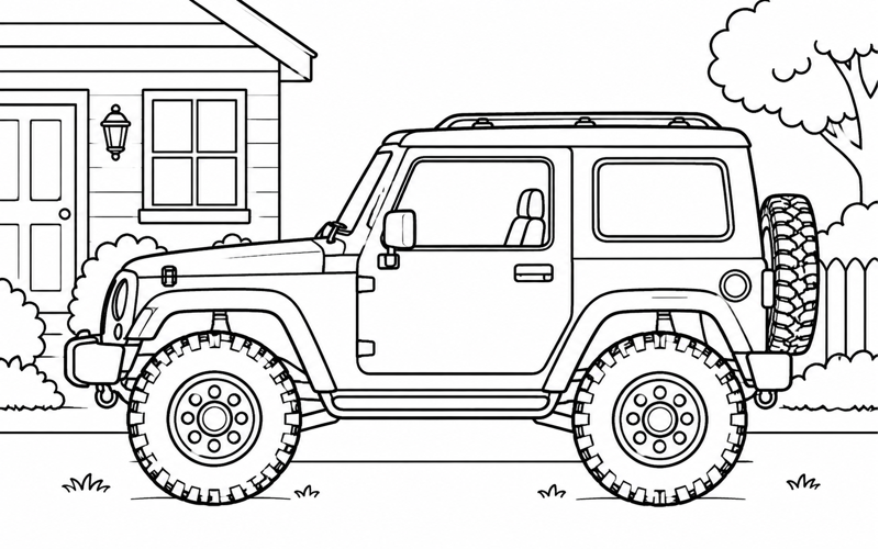 Tranh tô màu xe jeep đỗ cạnh ngôi nhà nhỏ