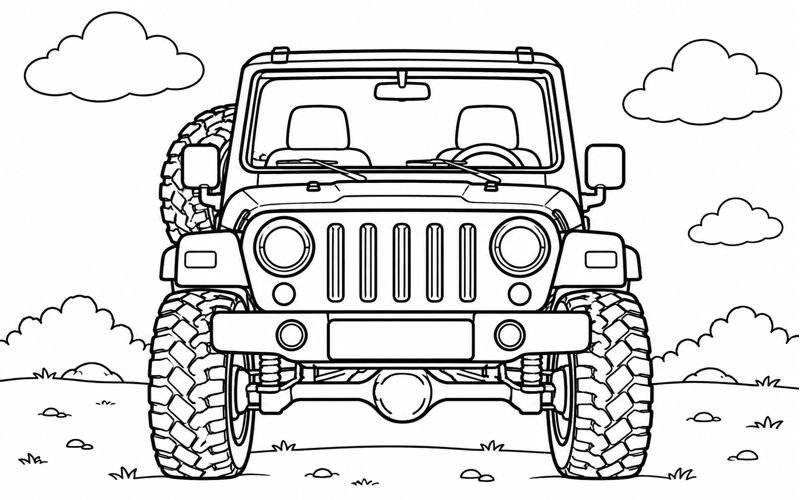 Tranh tô màu xe jeep nhìn thẳng dưới mây trắng