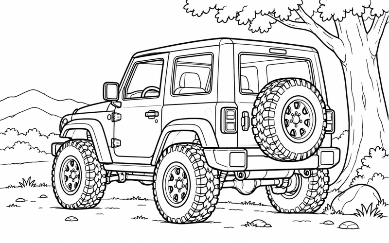 Tranh tô màu xe jeep nhìn từ phía sau bên cây