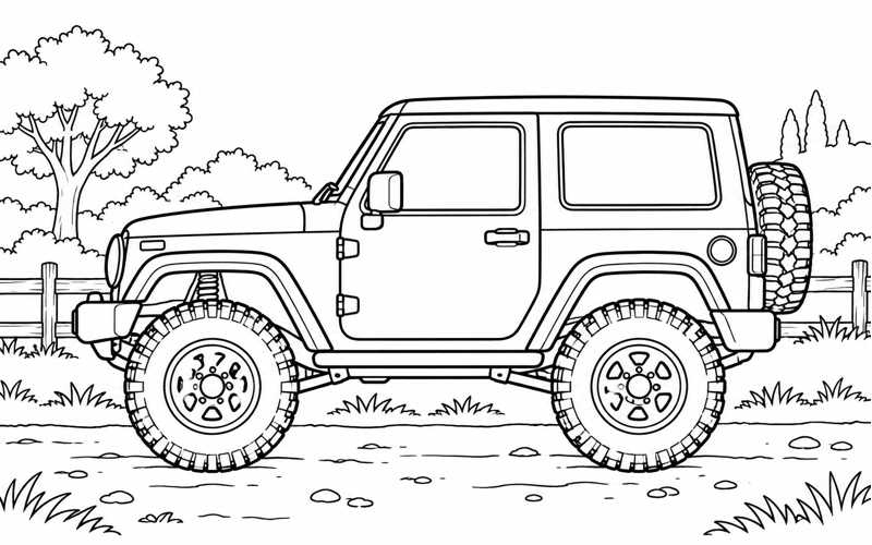 Tranh tô màu xe jeep trên con đường quê