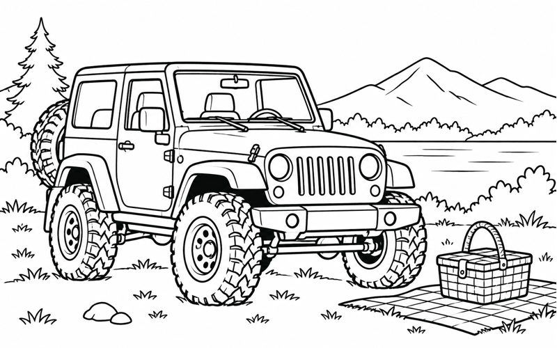 Tranh tô màu xe jeep bên giỏ dã ngoại