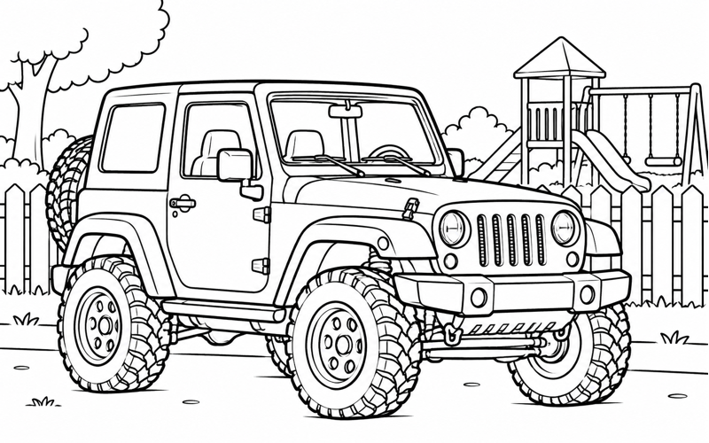 Tranh tô màu xe jeep cạnh hàng rào sân chơi