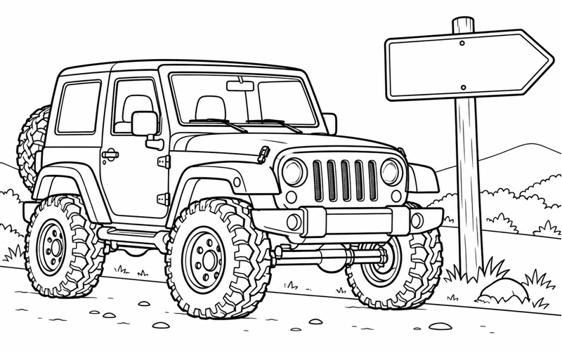 Tranh tô màu xe jeep bên biển báo trống