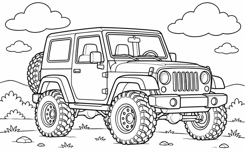 Tranh tô màu xe jeep dưới những đám mây