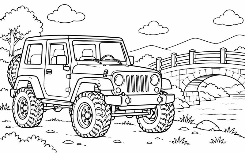 Tranh tô màu xe jeep cạnh cây cầu nhỏ