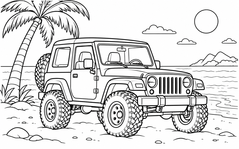 Tranh tô màu xe jeep bên bãi biển có cây cọ