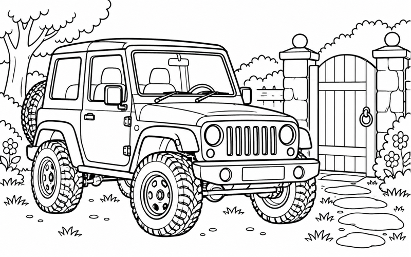 Tranh tô màu xe jeep trước cổng vườn