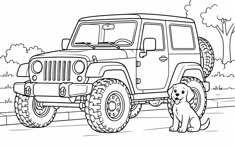 Tranh tô màu xe jeep đỗ bên chú chó nhỏ