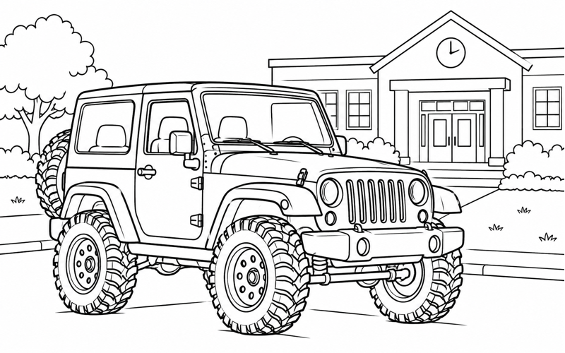 Tranh tô màu xe jeep gần ngôi trường