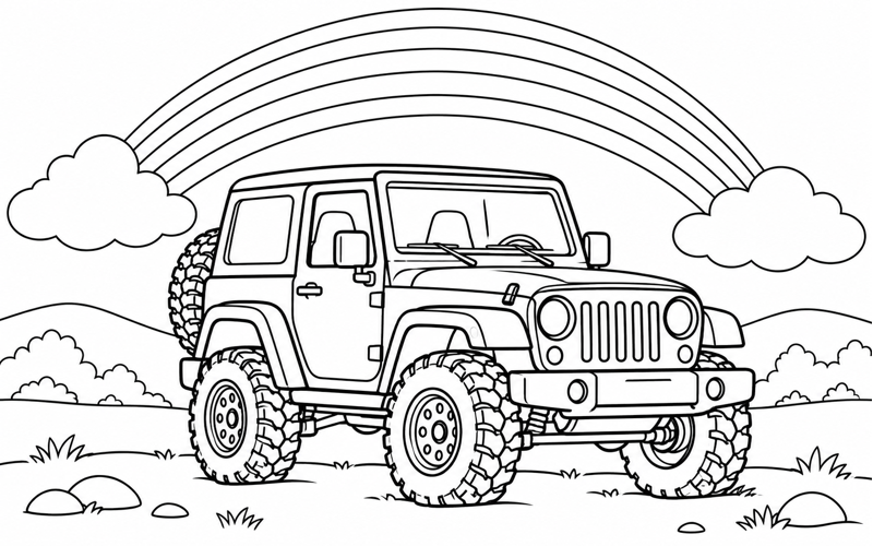 Tranh tô màu xe jeep dưới cầu vồng