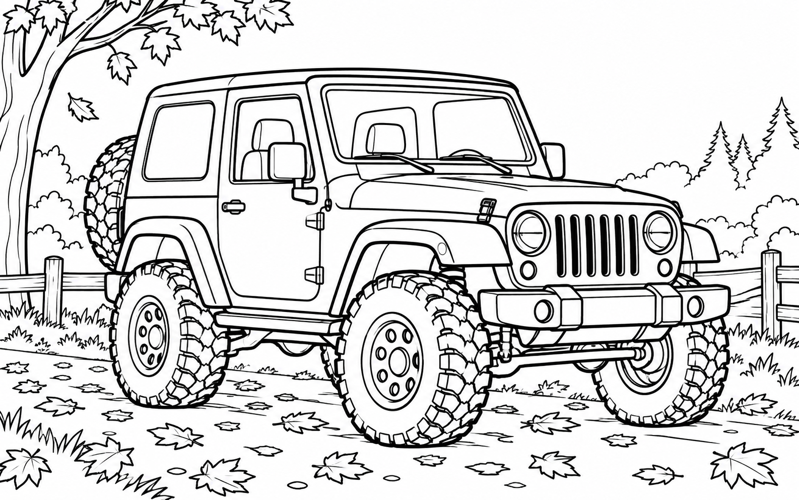Tranh tô màu xe jeep giữa lá mùa thu