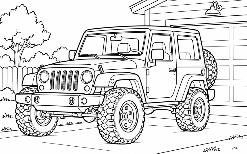 Tranh tô màu xe jeep đỗ trước gara