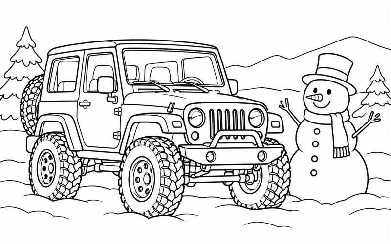 Tranh tô màu xe jeep bên người tuyết