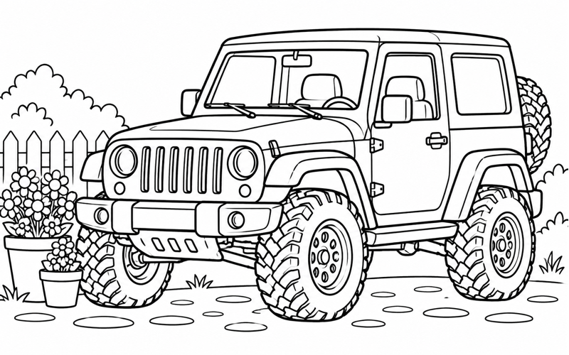 Tranh tô màu xe jeep cạnh chậu hoa