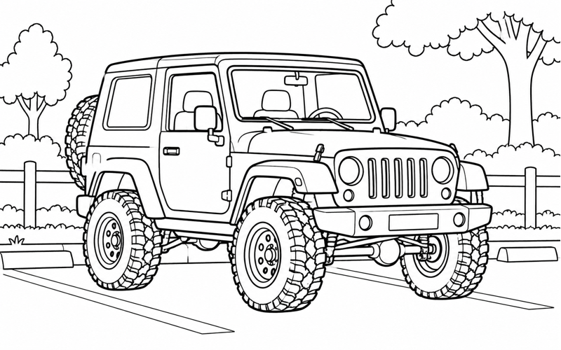Tranh tô màu xe jeep ở bãi đỗ công viên