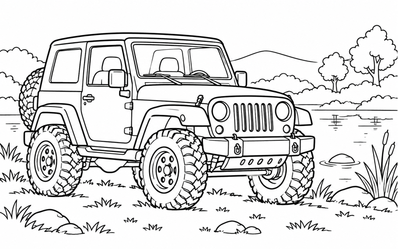Tranh tô màu xe jeep bên ao nhỏ