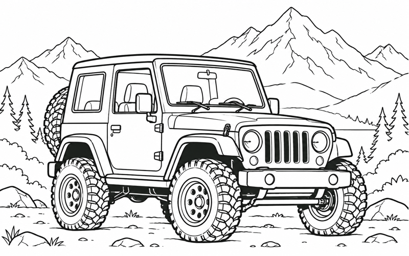 Tranh tô màu xe jeep trước dãy núi