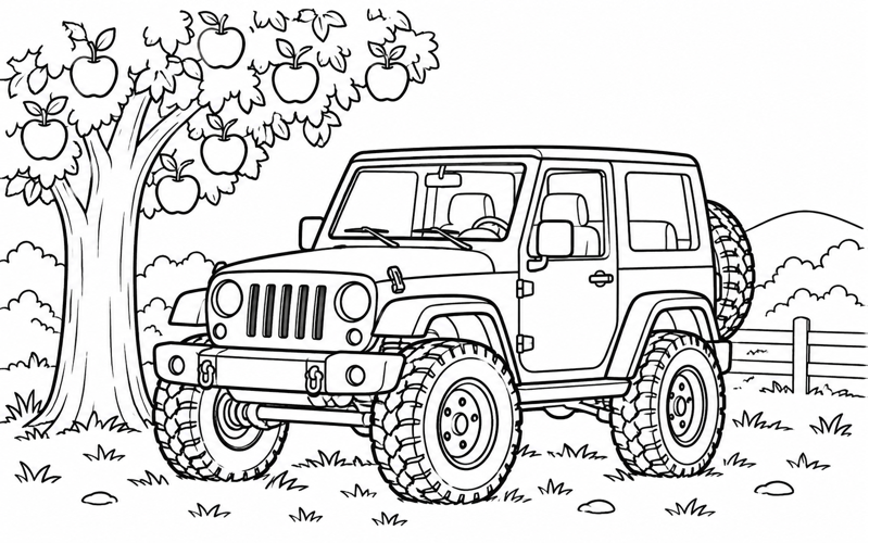 Tranh tô màu xe jeep dưới cây táo