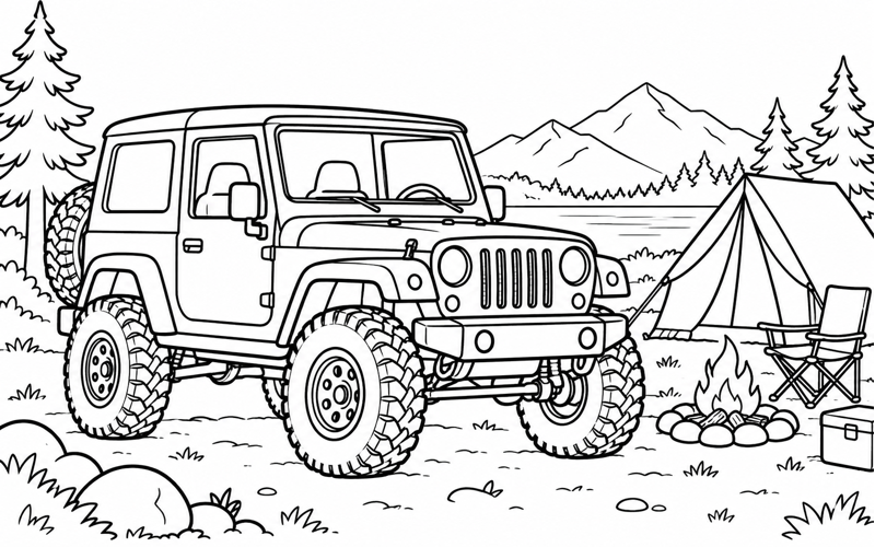 Tranh tô màu xe jeep ở khu cắm trại