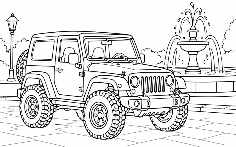 Tranh tô màu xe jeep gần đài phun nước
