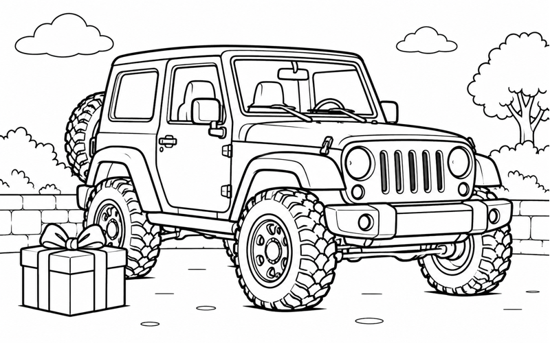 Tranh tô màu xe jeep bên hộp quà