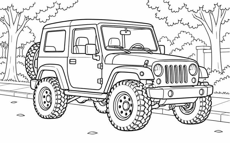 Tranh tô màu xe jeep trên phố có hàng cây