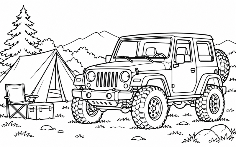 Tranh tô màu xe jeep cạnh chiếc lều