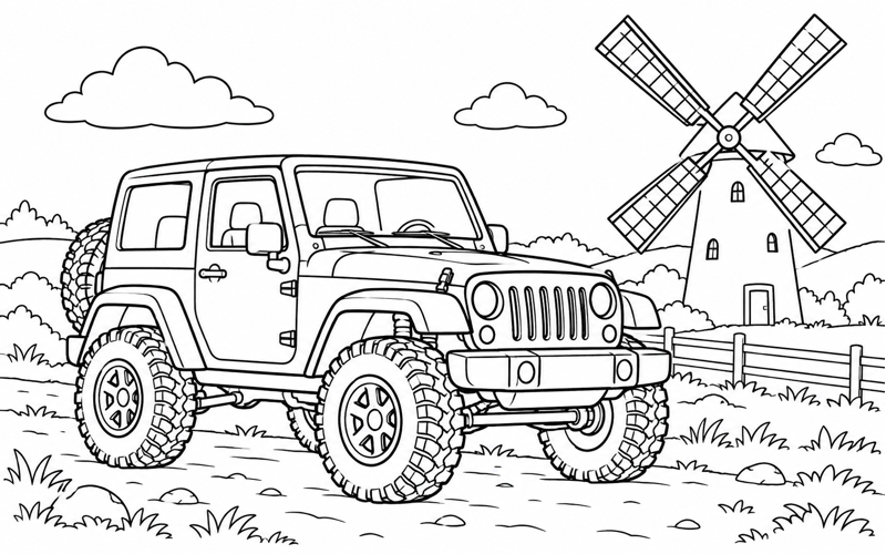 Tranh tô màu xe jeep bên cối xay gió