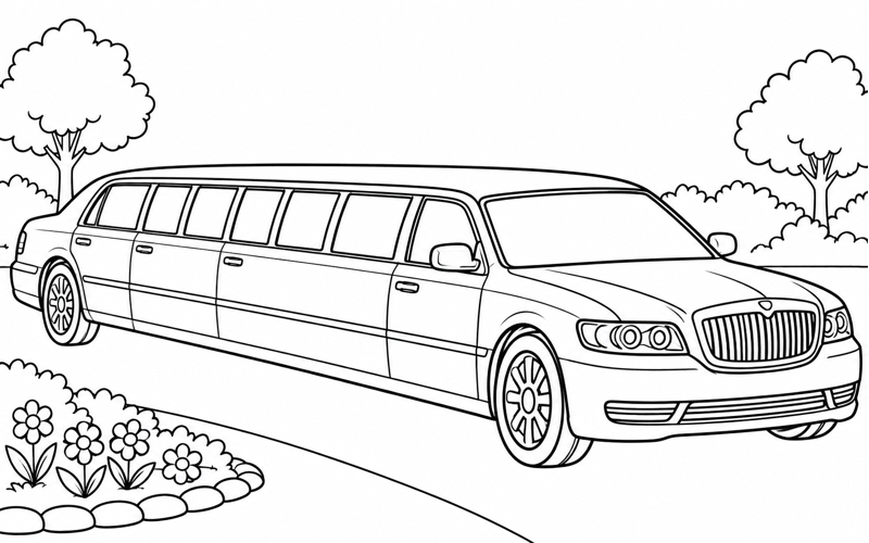 Tranh tô màu xe limousine bên khóm hoa