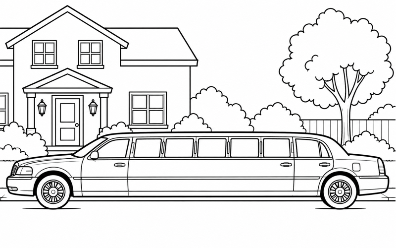 Tranh tô màu xe limousine đỗ cạnh ngôi nhà nhỏ